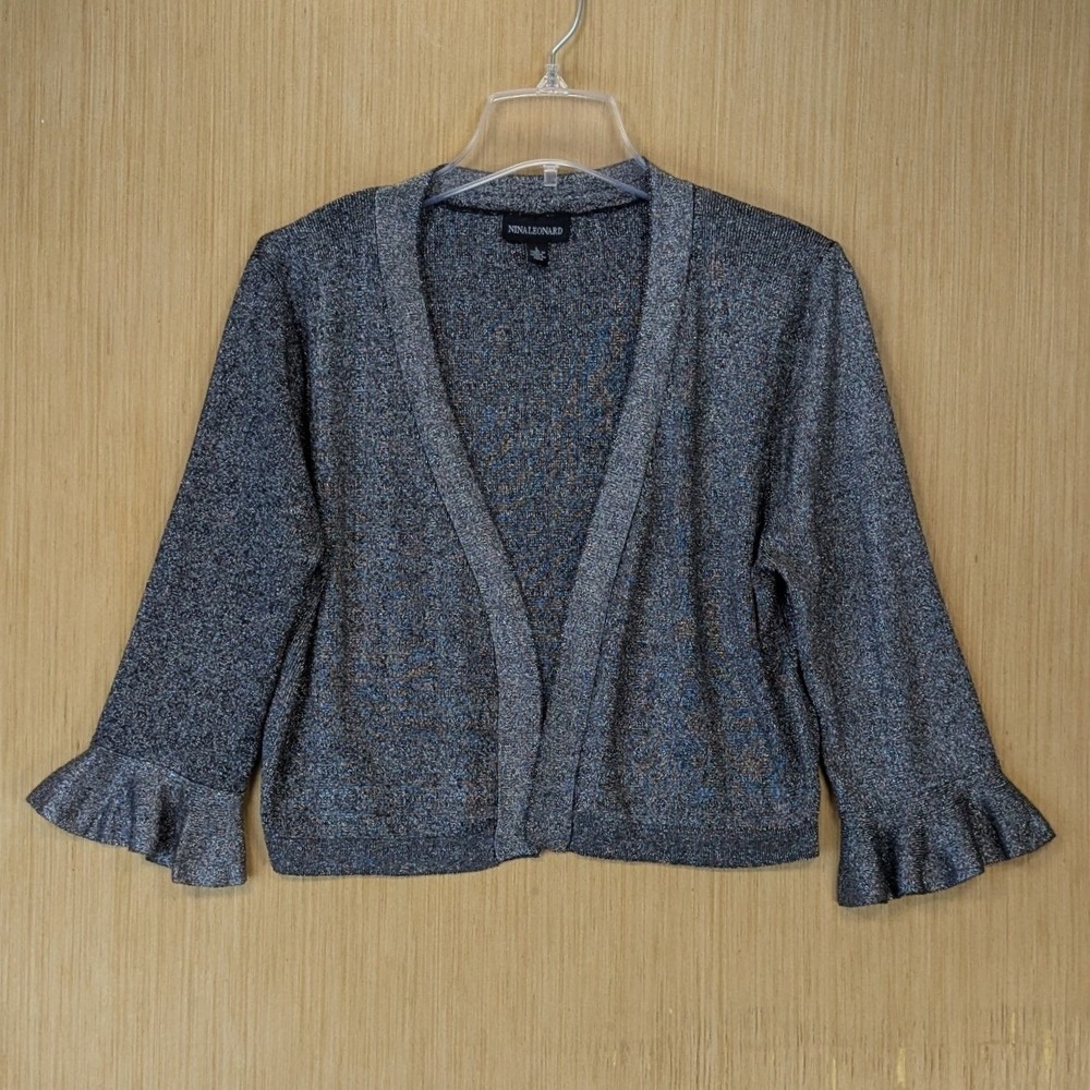 Nina Leonard Silver Metallic Ruffle Cuff Cardigan‎ Sweater Large Festive Glam